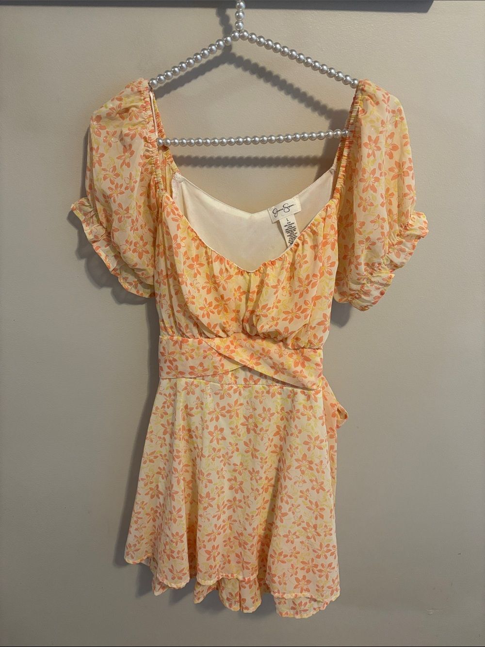 Jessica Simpson Floral Puff Sleeve Romper Dress L Large Peach Yellow